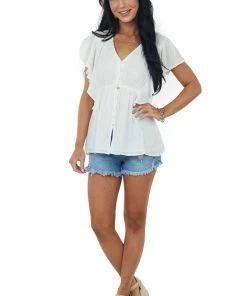 Doe & Rae Eggshell Button Up Ruffle Sleeve Blouse Tops 9 Doe & Rae Eggshell Button Up Ruffle Sleeve Blouse Tops