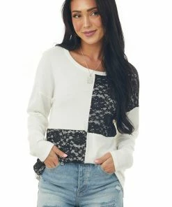 BiBi Tops Eggshell And Black Lace Long Sleeve Top