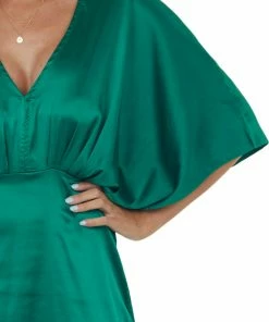 She + Sky Dresses Emerald Green Kimono Sleeve Satin Midi Dress