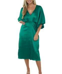 She + Sky Dresses Emerald Green Kimono Sleeve Satin Midi Dress