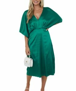 She + Sky Dresses Emerald Green Kimono Sleeve Satin Midi Dress