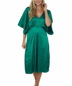 She + Sky Dresses Emerald Green Kimono Sleeve Satin Midi Dress