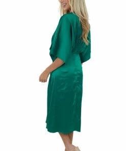 She + Sky Dresses Emerald Green Kimono Sleeve Satin Midi Dress