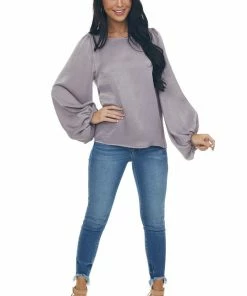 Peach Love Faded Lavender Bubble Sleeve Cowl Back Blouse