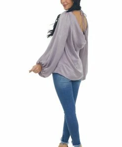 Peach Love Faded Lavender Bubble Sleeve Cowl Back Blouse