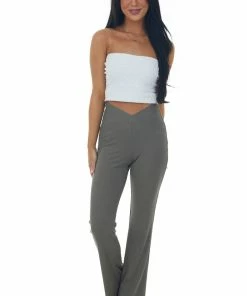 Illa Illa Bottoms Faded Olive Crossover Waist Ribbed Knit Flare Pants