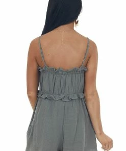 Ces Femme Faded Olive Sleeveless Gauze Woven Frill Romper Dresses