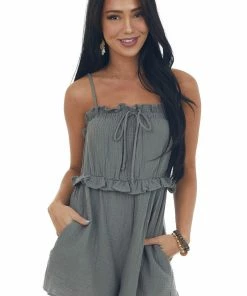 Ces Femme Faded Olive Sleeveless Gauze Woven Frill Romper Dresses