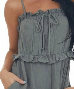 Ces Femme Faded Olive Sleeveless Gauze Woven Frill Romper Dresses