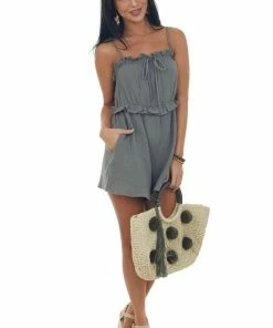 Ces Femme Faded Olive Sleeveless Gauze Woven Frill Romper Dresses
