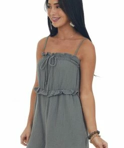 Ces Femme Faded Olive Sleeveless Gauze Woven Frill Romper Dresses