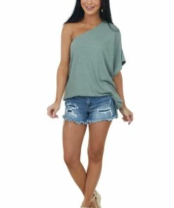 Ninexis Faded Sage One Shoulder Textured Knit Top