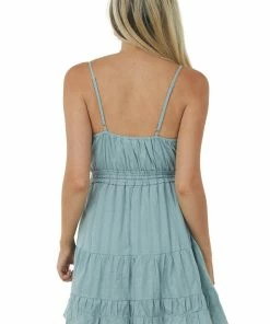 Very J Dresses Faded Sage Surplice Tiered Drawstring Cami Dress