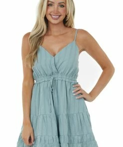 Very J Dresses Faded Sage Surplice Tiered Drawstring Cami Dress