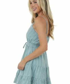 Very J Dresses Faded Sage Surplice Tiered Drawstring Cami Dress