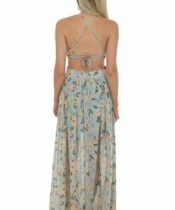 She + Sky Faded Teal Floral Cut Out Waist Maxi Dress 16 She + Sky Faded Teal Floral Cut Out Waist Maxi Dress