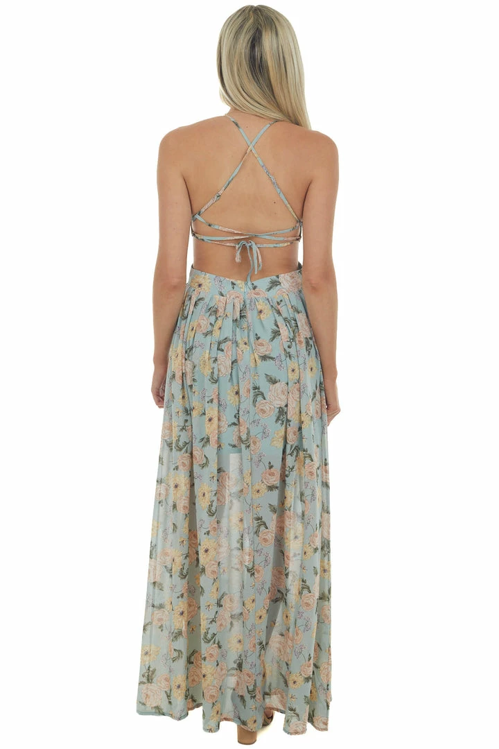 She + Sky Faded Teal Floral Cut Out Waist Maxi Dress 9 She + Sky Faded Teal Floral Cut Out Waist Maxi Dress