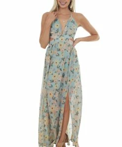 She + Sky Faded Teal Floral Cut Out Waist Maxi Dress 12 She + Sky Faded Teal Floral Cut Out Waist Maxi Dress