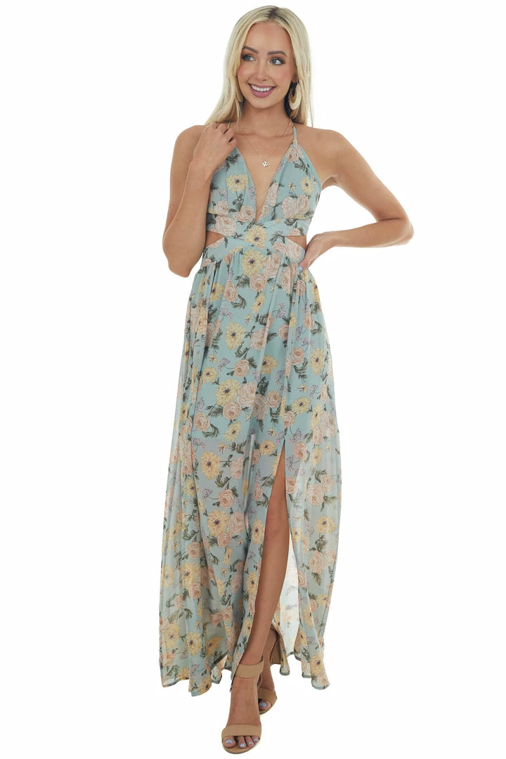 She + Sky Faded Teal Floral Cut Out Waist Maxi Dress 5 She + Sky Faded Teal Floral Cut Out Waist Maxi Dress
