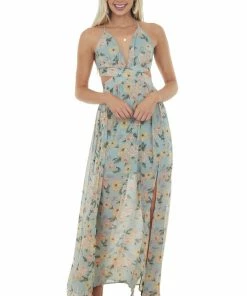 She + Sky Faded Teal Floral Cut Out Waist Maxi Dress 14 She + Sky Faded Teal Floral Cut Out Waist Maxi Dress