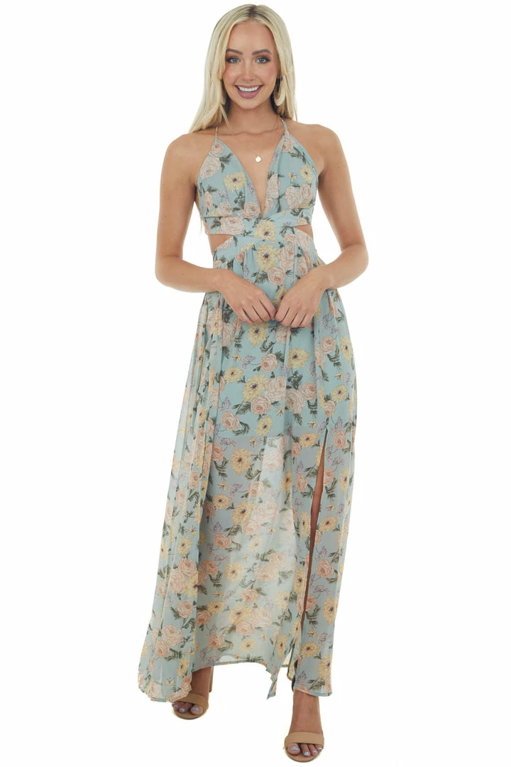 She + Sky Faded Teal Floral Cut Out Waist Maxi Dress 7 She + Sky Faded Teal Floral Cut Out Waist Maxi Dress
