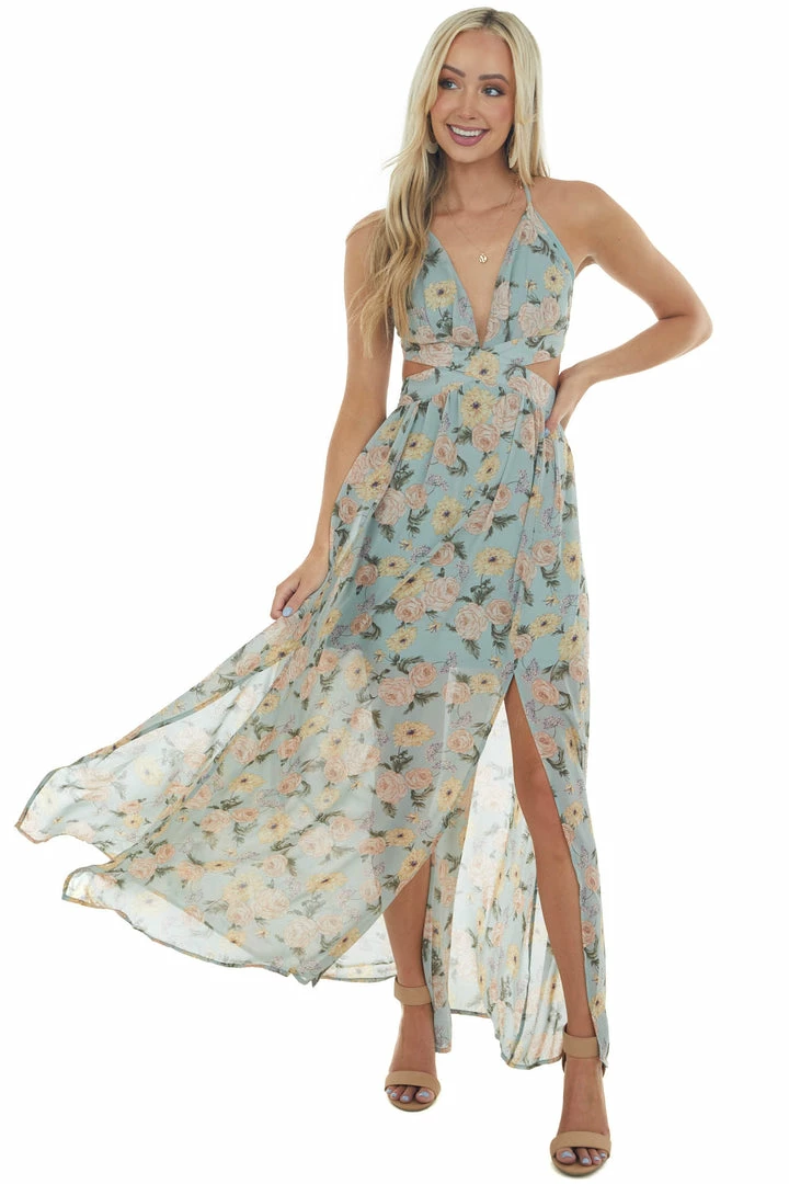 She + Sky Faded Teal Floral Cut Out Waist Maxi Dress 6 She + Sky Faded Teal Floral Cut Out Waist Maxi Dress