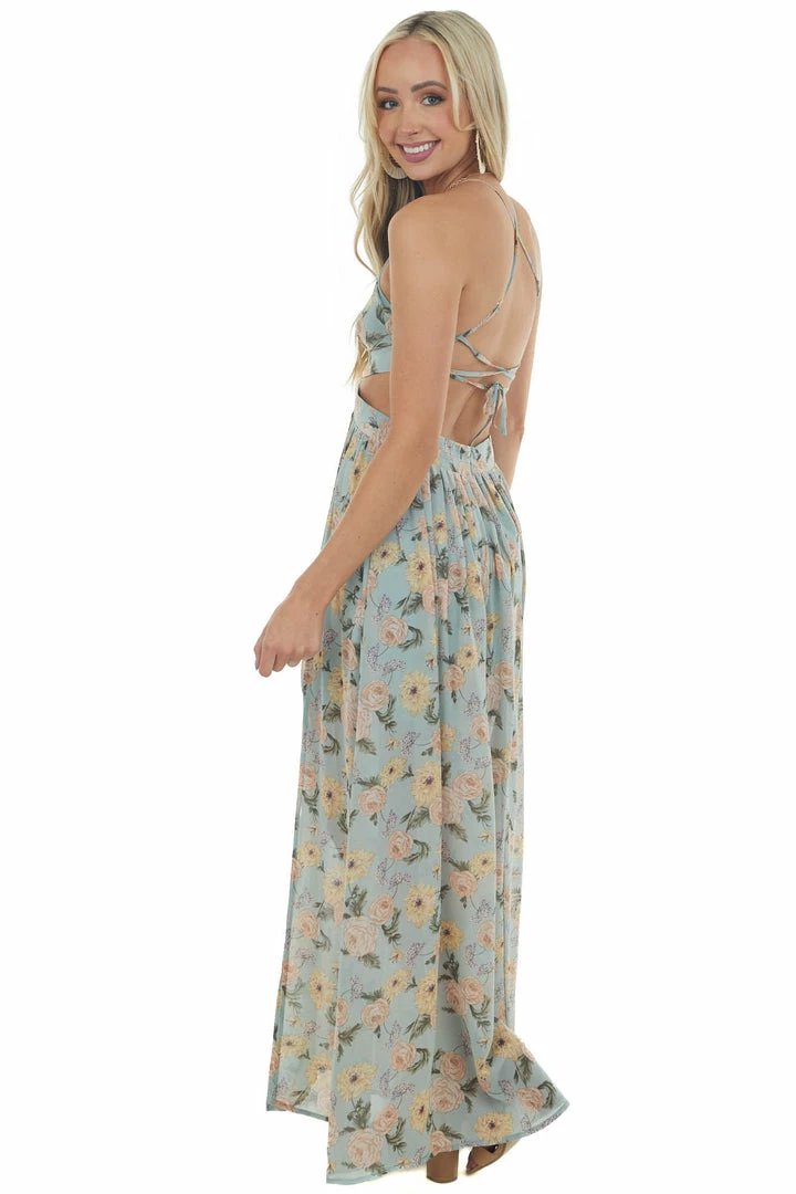 She + Sky Faded Teal Floral Cut Out Waist Maxi Dress 8 She + Sky Faded Teal Floral Cut Out Waist Maxi Dress
