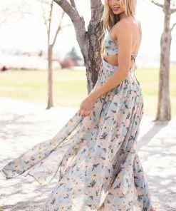 She + Sky Faded Teal Floral Cut Out Waist Maxi Dress