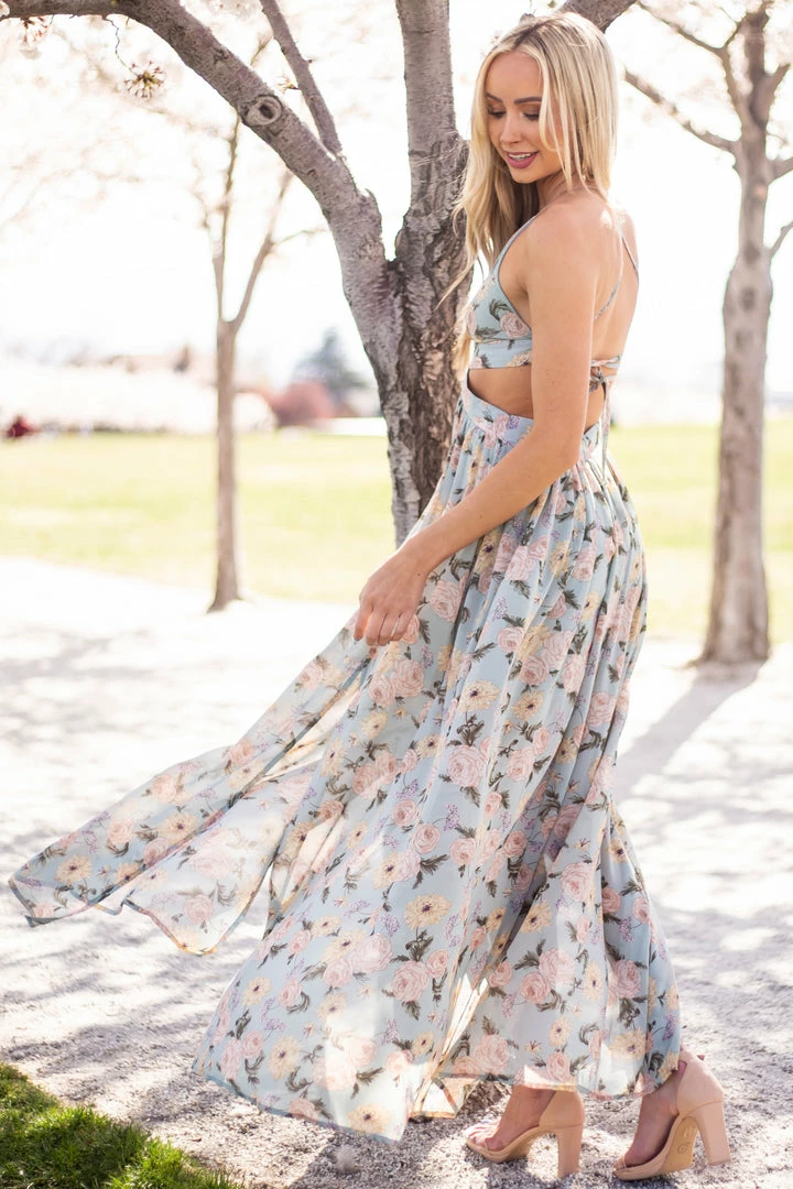 She + Sky Faded Teal Floral Cut Out Waist Maxi Dress 4 She + Sky Faded Teal Floral Cut Out Waist Maxi Dress