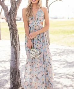 She + Sky Faded Teal Floral Cut Out Waist Maxi Dress