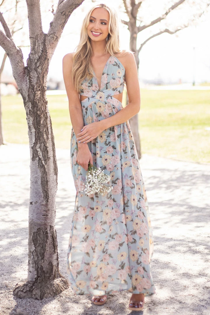 She + Sky Faded Teal Floral Cut Out Waist Maxi Dress 3 She + Sky Faded Teal Floral Cut Out Waist Maxi Dress