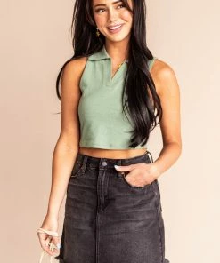HYFVE Fern Green Collared Sleeveless Knit Crop Top Tops