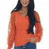 BiBi Tops Fire Crochet Lace Long Sleeve Ribbed Knit Top
