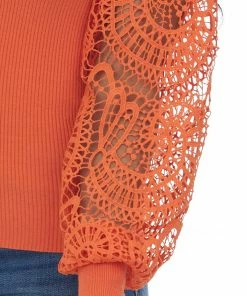 BiBi Tops Fire Crochet Lace Long Sleeve Ribbed Knit Top