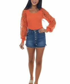 BiBi Tops Fire Crochet Lace Long Sleeve Ribbed Knit Top