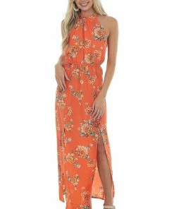 Staccato Dresses Fire Floral Print Halter Neck Maxi Dress