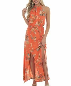 Staccato Dresses Fire Floral Print Halter Neck Maxi Dress