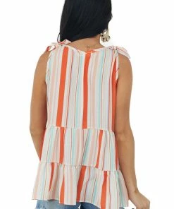 Haptics Fire Multi Striped Shoulder Bow Tie Tiered Blouse 12 Haptics Fire Multi Striped Shoulder Bow Tie Tiered Blouse