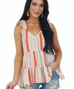 Haptics Fire Multi Striped Shoulder Bow Tie Tiered Blouse