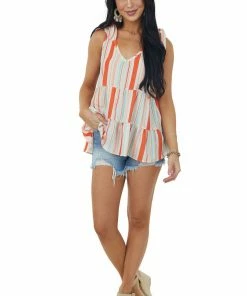 Haptics Fire Multi Striped Shoulder Bow Tie Tiered Blouse 9 Haptics Fire Multi Striped Shoulder Bow Tie Tiered Blouse