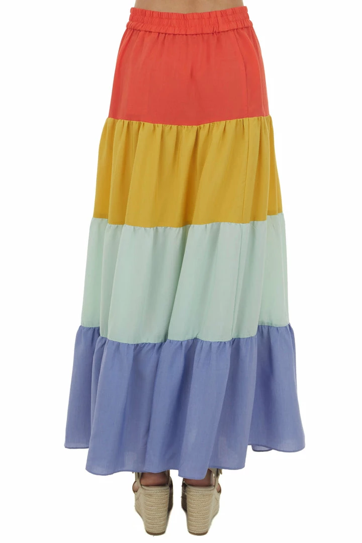 Eesome Bottoms Fire Orange Colorblock Tiered Maxi Skirt 6 Eesome Bottoms Fire Orange Colorblock Tiered Maxi Skirt