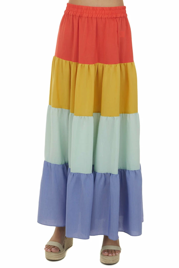 Eesome Bottoms Fire Orange Colorblock Tiered Maxi Skirt 4 Eesome Bottoms Fire Orange Colorblock Tiered Maxi Skirt