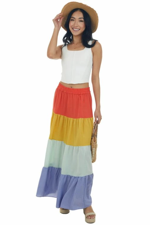 Eesome Bottoms Fire Orange Colorblock Tiered Maxi Skirt