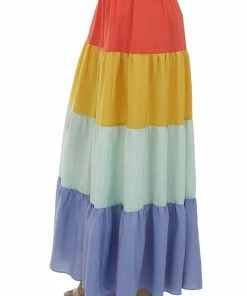 Eesome Bottoms Fire Orange Colorblock Tiered Maxi Skirt 8 Eesome Bottoms Fire Orange Colorblock Tiered Maxi Skirt
