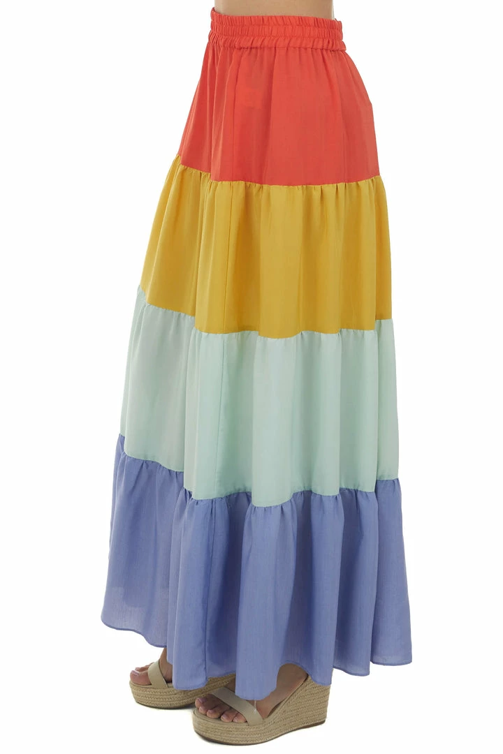 Eesome Bottoms Fire Orange Colorblock Tiered Maxi Skirt 5 Eesome Bottoms Fire Orange Colorblock Tiered Maxi Skirt