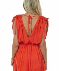 She + Sky Fire Ruched Shoulder V Neck Satin Romper