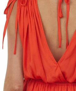 She + Sky Fire Ruched Shoulder V Neck Satin Romper