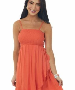Peach Love Dresses Fire Smocked Sleeveless Mini Dress With Tulip Hem