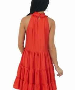 Glam Dresses Fire Tiered Halter Neck Dress With Pockets