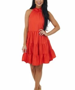 Glam Dresses Fire Tiered Halter Neck Dress With Pockets